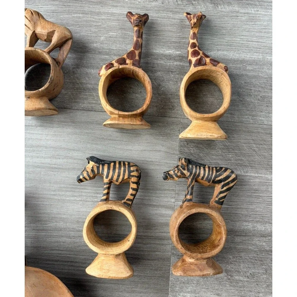 Vtg African Safari Hand Carved Wood Napkin Rings Zebra Bowls Set Animal Folk Art